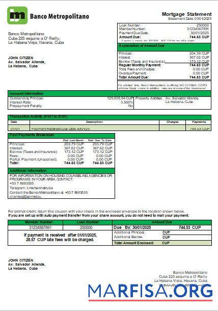 Downloadable Cuba Banco Metropolitano bank mortgage statement scr template
